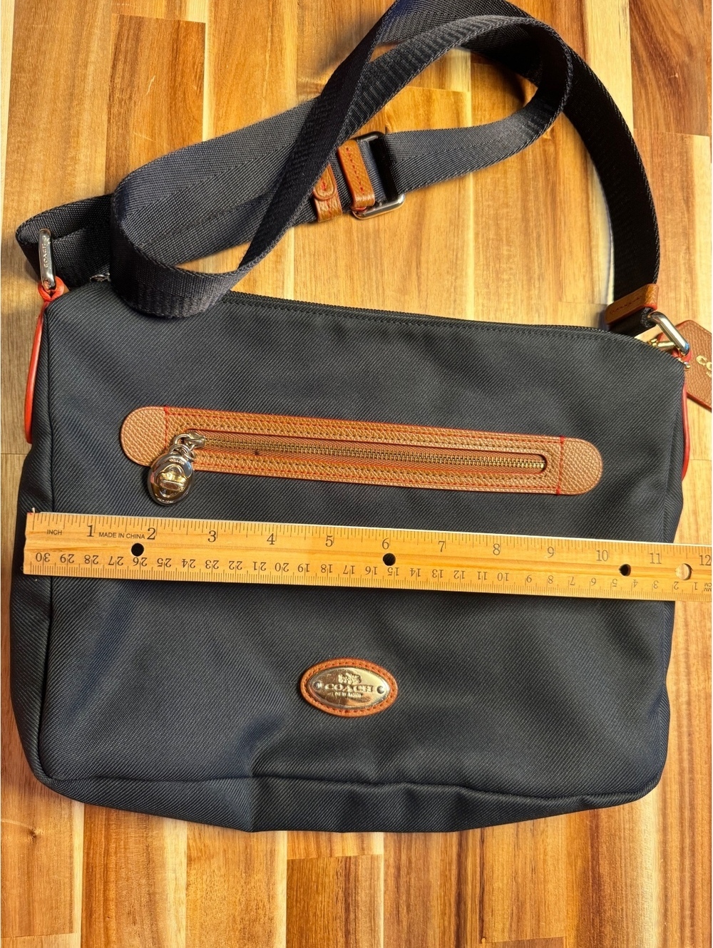 Coach Navy Blue Nylon Crossbody Bag with Brown Leather Trim and Adjustable Strap - Picture 2 of 8
